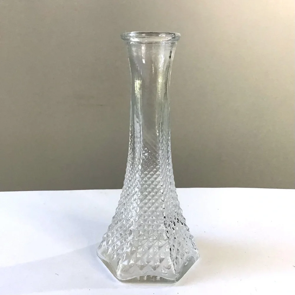 Vintage E.O. Brody Bud Vase 6” Clear Pressed Glass Diamond-Point Hobnail #175